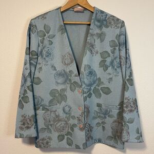 Vintage Floral Blue Rose Blazer Jacket Size 16